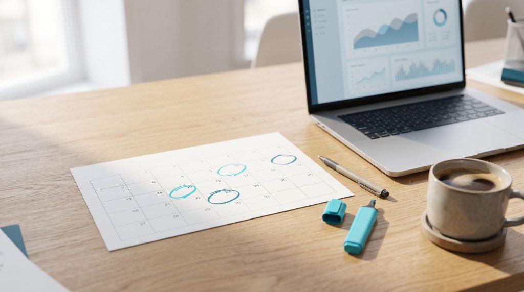 Kalender met omcirkelde deadlines naast een laptop