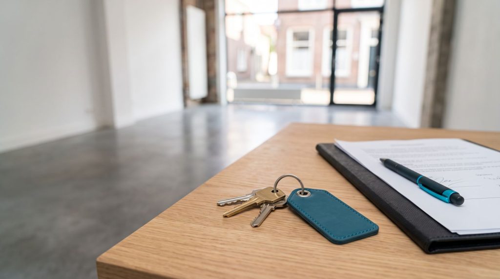 Sleutels van een nieuw bedrijfspand naast ondertekende documenten